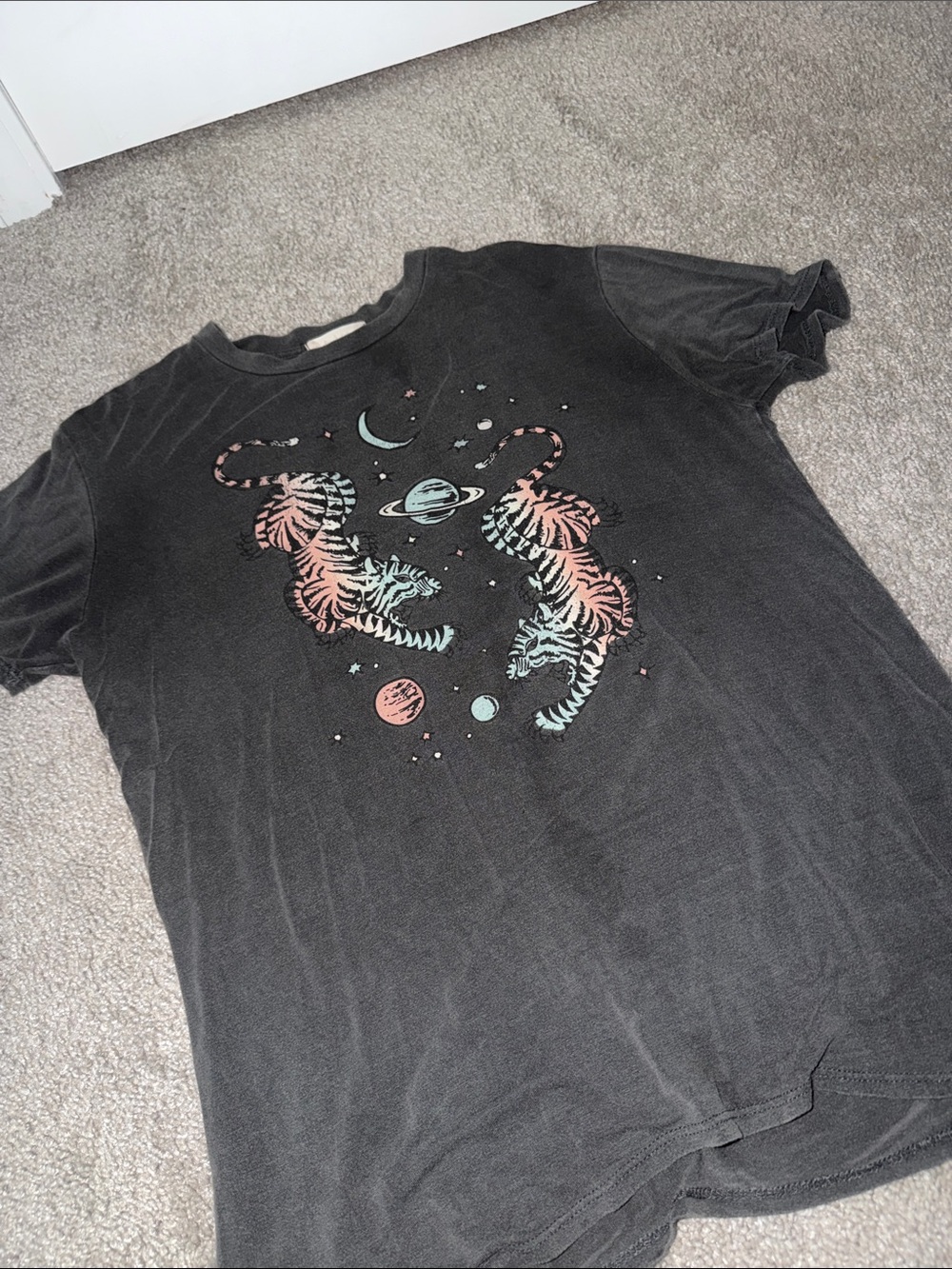 Women’s Black Graphic Tee with Pastel Tiger Design